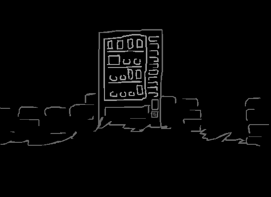 a vending machine sitting in front of a run down stone wall, up on a grassy hill